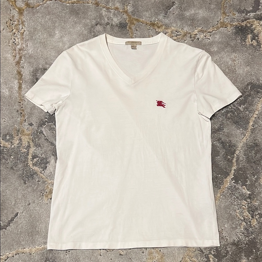 Burberry White V-Neck T-Shirt with Red Logo